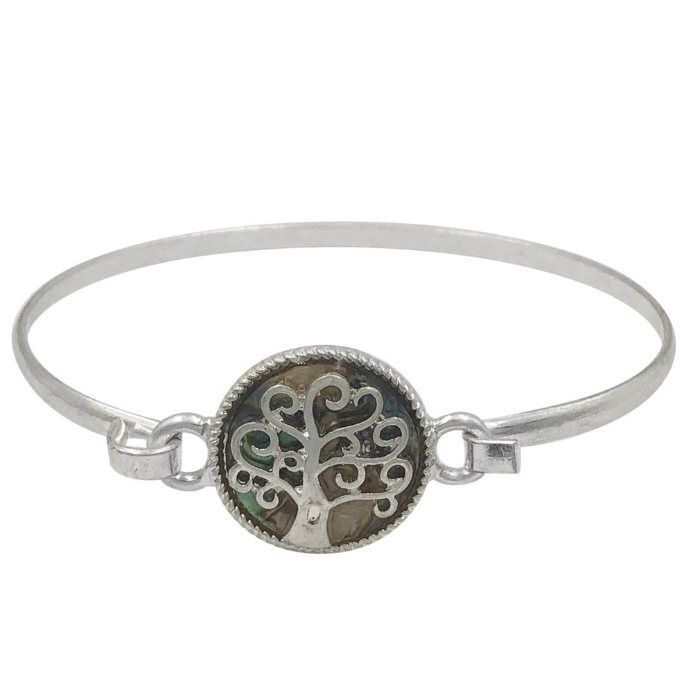 Tree of Life Silver Tone Abalone Shell Inlay Hook Bangle Bracelet